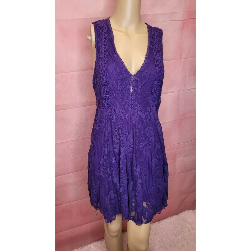 Free People Womens Purple V-Neck Sleeveless Floral Lace Knee Length Dress Size 8